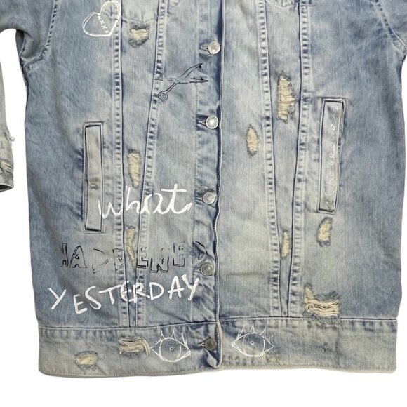 ZARA TRAFALUC DENIM Destroyed Graffiti Long Jean Jacket Women Small 90s Grunge - Picture 5 of 16